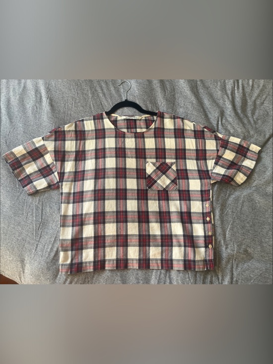 Zara Tops - Zara Woman Cream, Red & Navy Plaid Blouse S